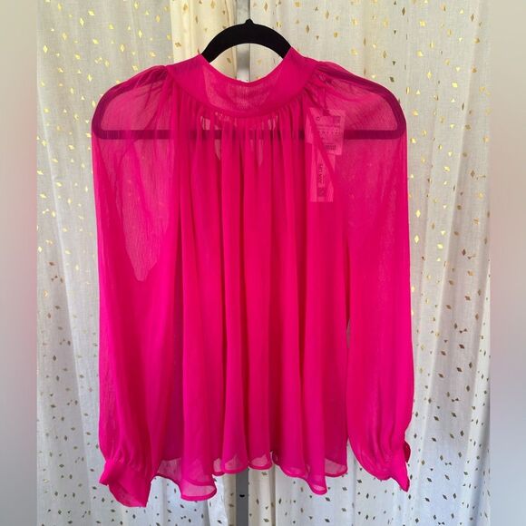 Zara Blogger's Favorite High Neck Sheer Pleated Balloon Sleeve Back Tie Blouse S - Picture 7 of 11